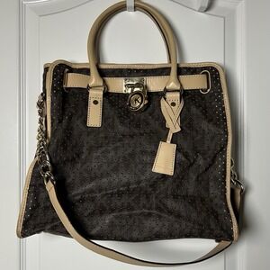Michael Kors Jet Set Perforated Brown Canvas Tan‎ Leather Gold Hardware Tote Bag